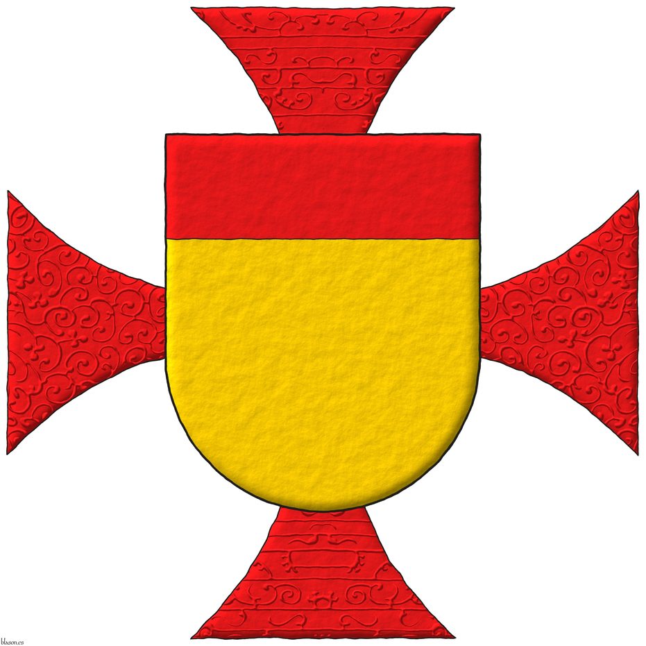 Escudo de oro, un jefe de gules. Acolada detrs del escudo una cruz patada de gules.