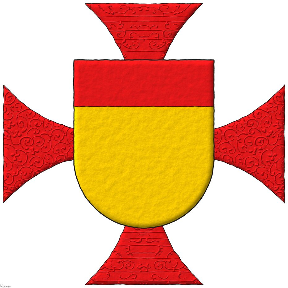 Escudo de oro, un jefe de gules. Acolada al escudo una cruz patada de gules.