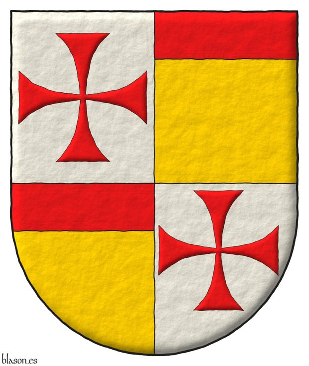 Escudo cuartelado: 1o y 4o de plata, una cruz patada de gules; 2o y 3o de de oro, un jefe de gules.