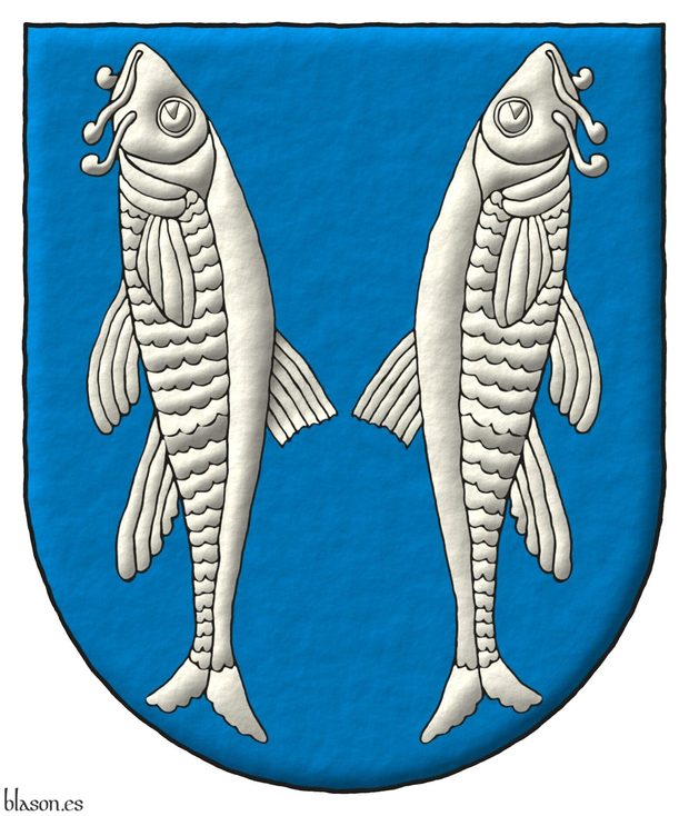 Azure, two barbels addorsed Argent.