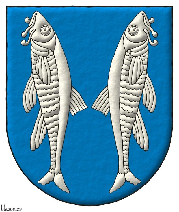 Escudo de azur, dos barbos adosados de plata.