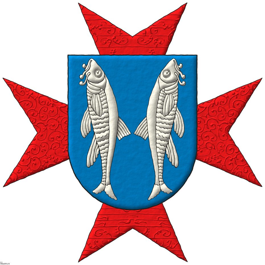 Escudo de azur, dos barbos adosados de plata. Acolada al escudo una cruz aguzada de ocho puntas de gules.