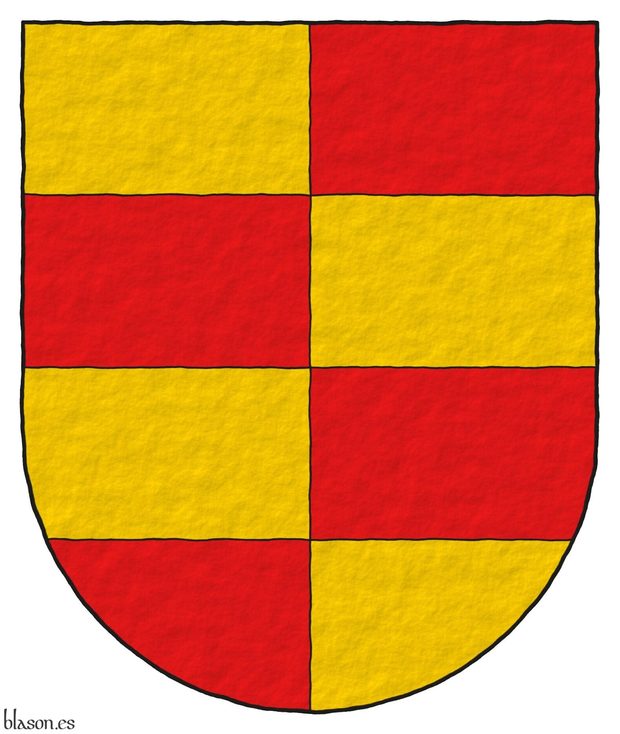 Barry of four per pale counterchanged Or and Gules.