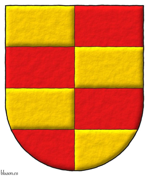 Barry of four per pale counterchanged Or and Gules.