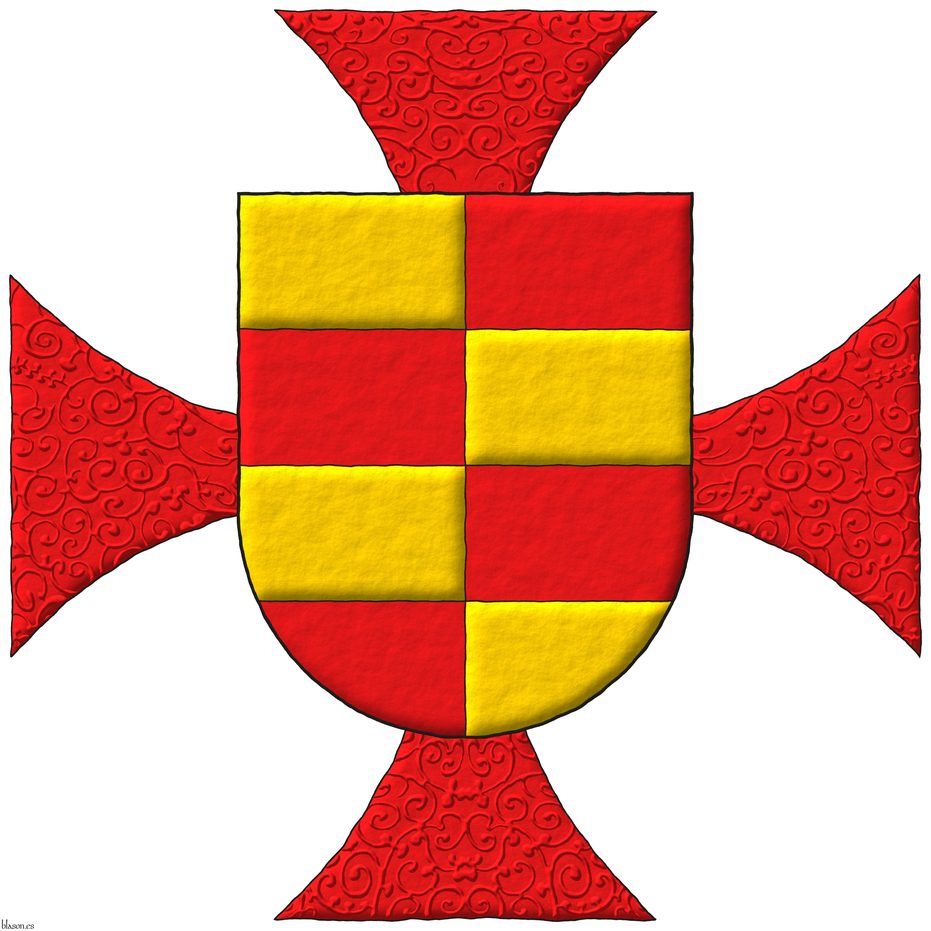 Barry of four per pale counterchanged Or and Gules. Behind the shield a cross patty Gules.