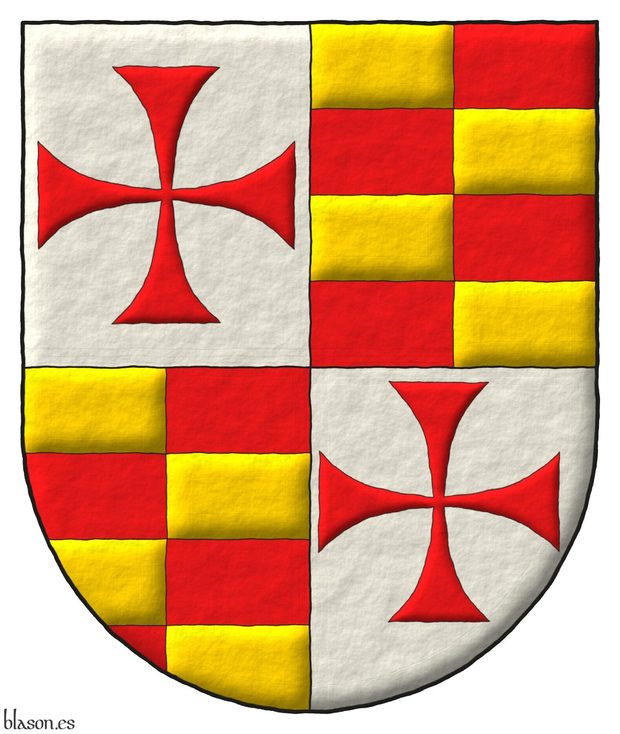 Escudo cuartelado: 1o y 4o de plata, una cruz patada de gules; 2o y 3o de contrafajado de cuatro piezas de oro y gules.