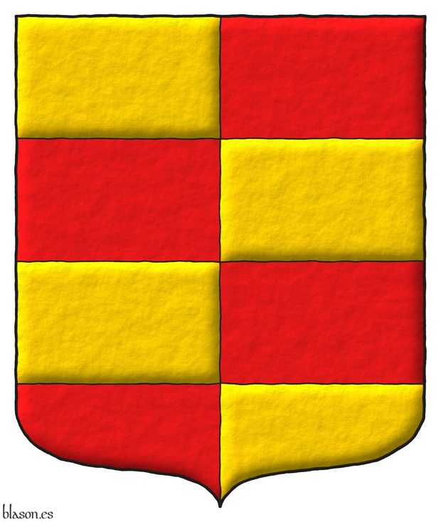 Barry of four per pale counterchanged Or and Gules.