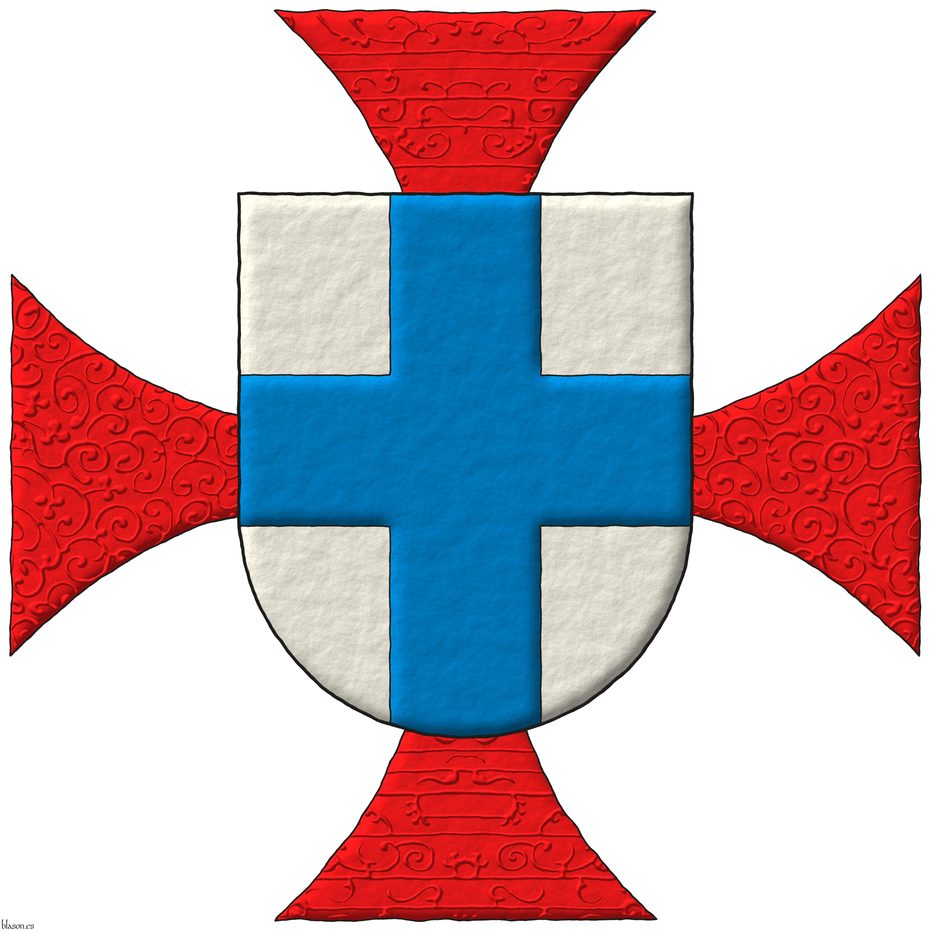 Escudo de plata, una cruz de azur. Acolada al escudo una cruz patada de gules.
