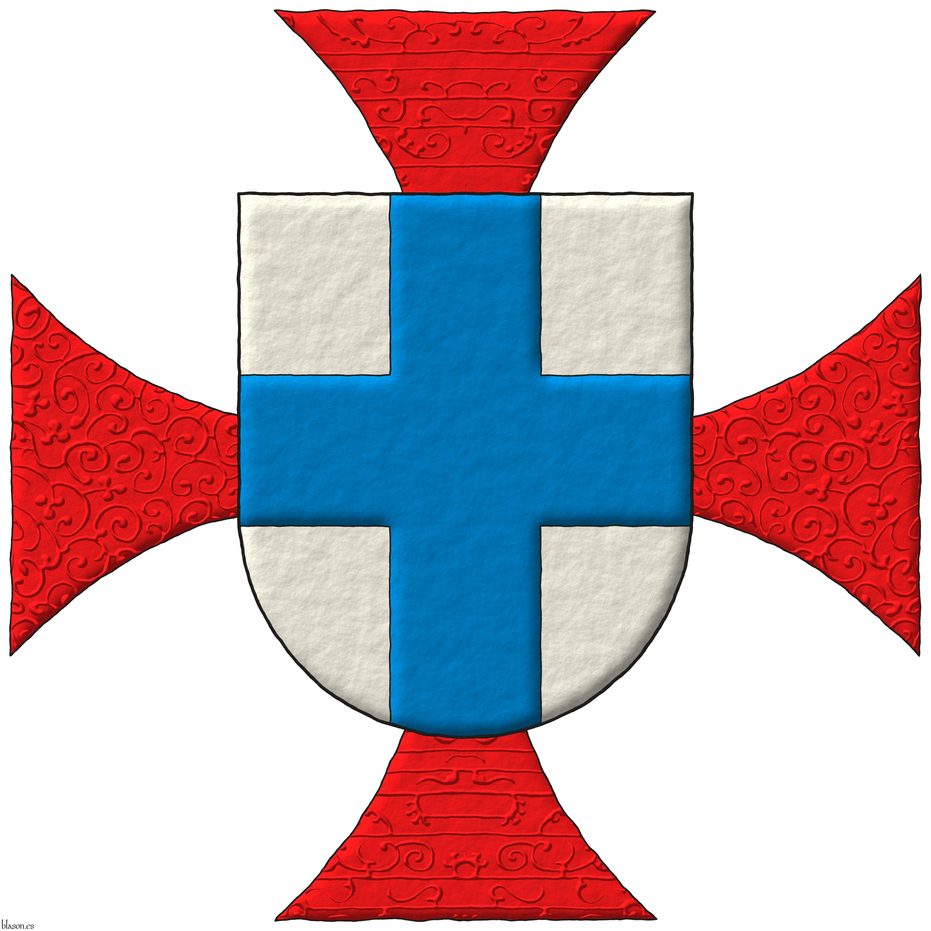 Escudo de plata, una cruz de azur. Acolada detrs del escudo una cruz patada de gules.