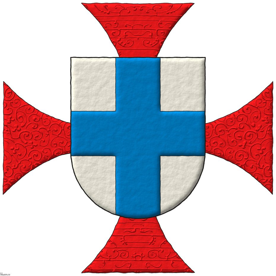 Argent, a cross Azure. Behind the shield a cross patty Gules.