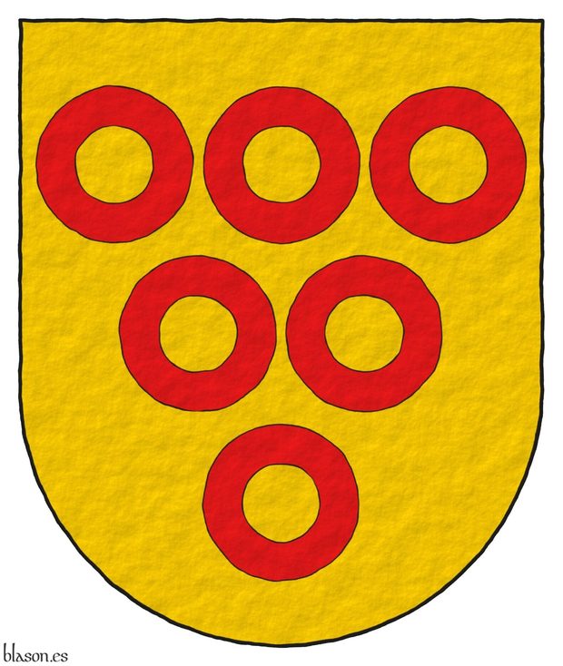 Or, six annulets Gules, 3, 2, and 1.