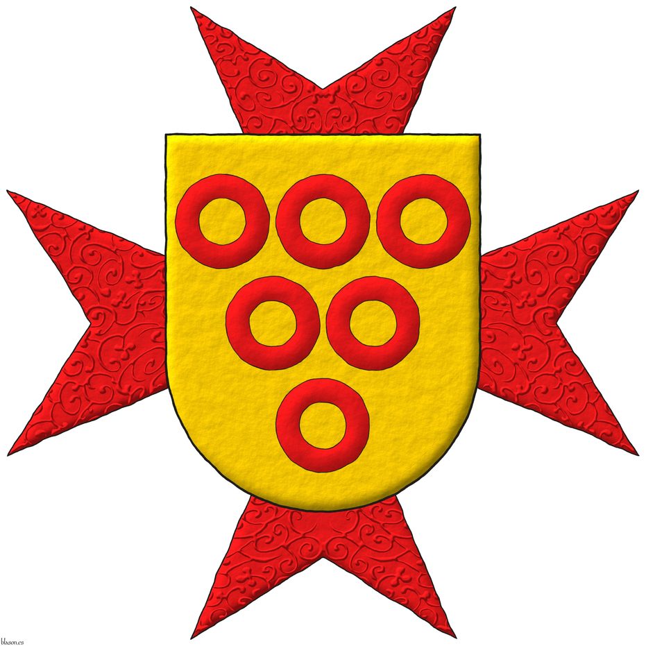 Or, six annulets Gules, 3, 2, and 1. Behind the shield an eight-pointed cross patty Gules.