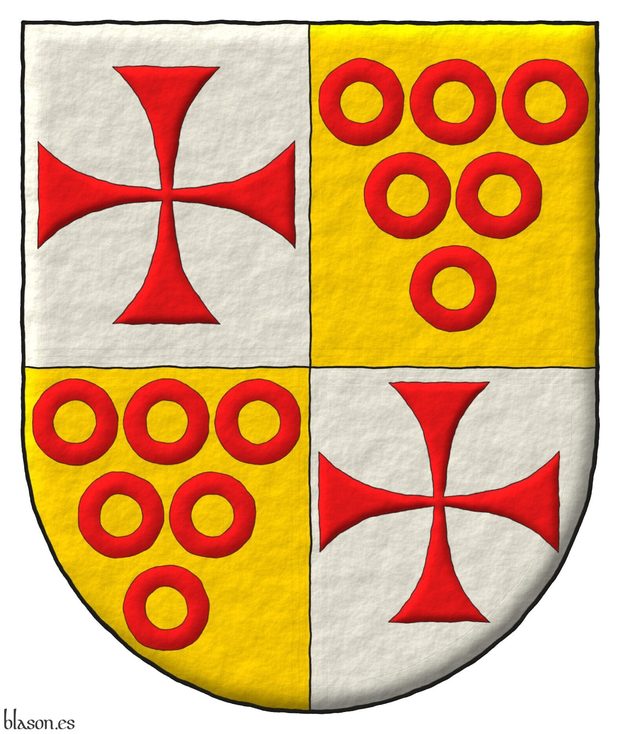 Escudo cuartelado: 1o y 4o de plata, una cruz patada de gules; 2o y 3o de de oro, seis anilletes de gules, ordenados 3, 2 y 1.