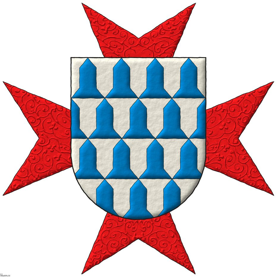 Escudo de veros. Acolada detrs del escudo una cruz aguzada de ocho puntas de gules.
