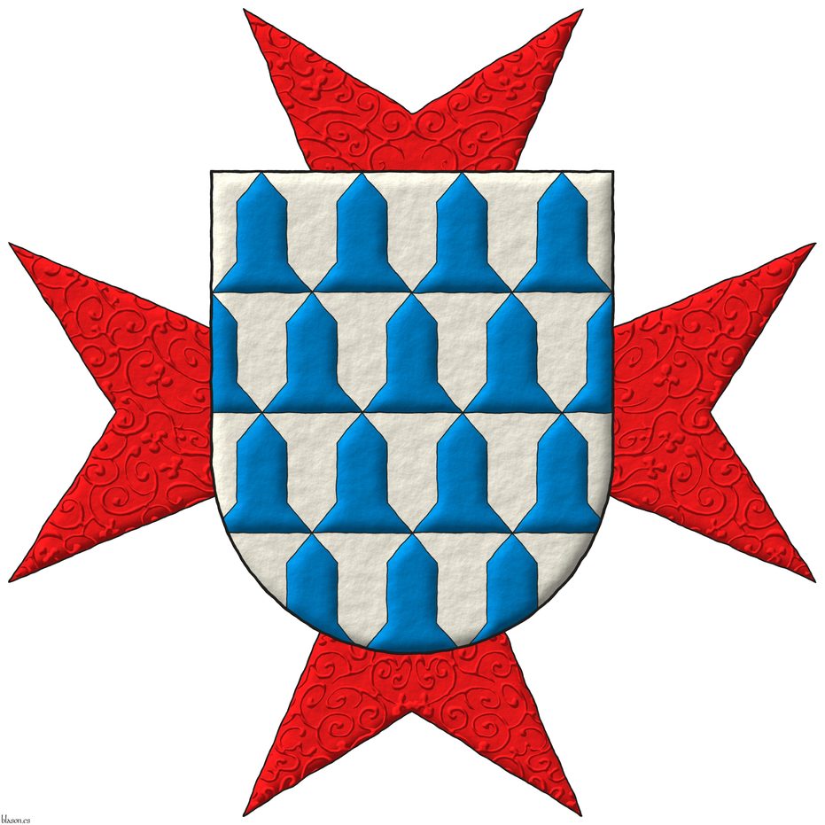 Escudo de veros. Acolada al escudo una cruz aguzada de ocho puntas de gules.