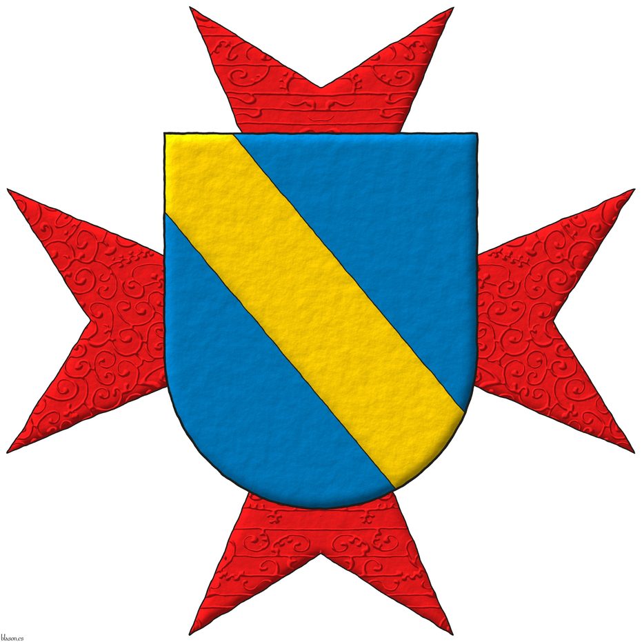 Escudo de azur, una banda de oro. Acolada al escudo una cruz aguzada de ocho puntas de gules.