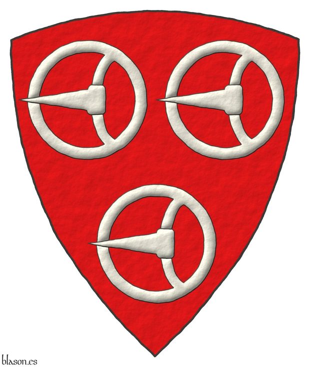 Gules, three buckles Argent.