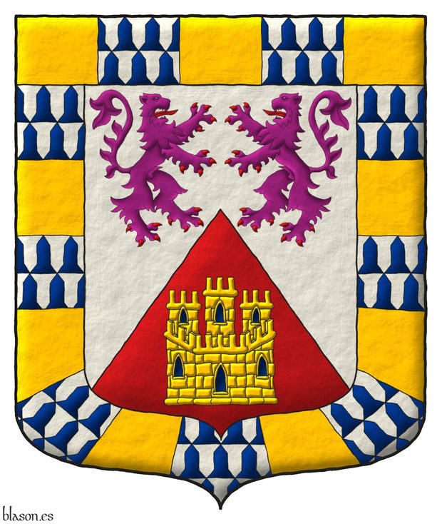 Escudo de plata, mantelado en punta de gules, en jefe, dos leones afrontados de p�rpura, armados y lampasados de gules [de Le�n], en punta un castillo de oro, aclarado de azur, mazonado de sable [de Castilla]; una bordura componada de dieciocho compones de oro y veros [de �lvarez de las Asturias].