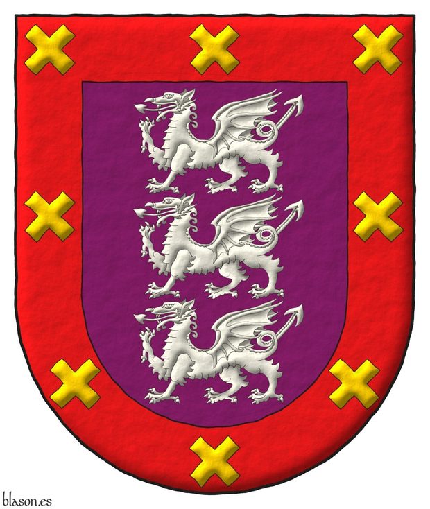 Escudo de prpura, tres dragones pasantes, en palo de plata; una bordura de gules, ocho sotueres de oro.