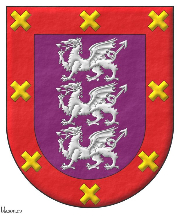 Escudo de prpura, tres dragones pasantes, en palo de plata; una bordura de gules, ocho sotueres de oro.