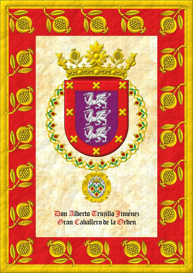 Purpure, three dragons passant, in pale Argent; a bordure Gules, eight saltires couped Or. Crest: A crown of the Sovereign and Most Noble Order of the Pomegranate. The shield is surrounded by the Grand Collar of the Sovereign and Most Noble Order of the Pomegranate.