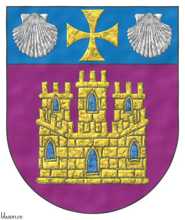 Escudo de prpura, un castillo de oro, aclarado de azur, mazonado de sable; un jefe de azur, cargado de una cruz patada de oro acompaada de dos veneras de plata.