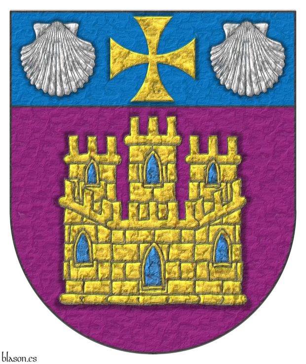 Escudo de prpura, un castillo de oro, aclarado de azur, mazonado de sable; un jefe de azur, cargado de una cruz patada de oro acompaada de dos veneras de plata.