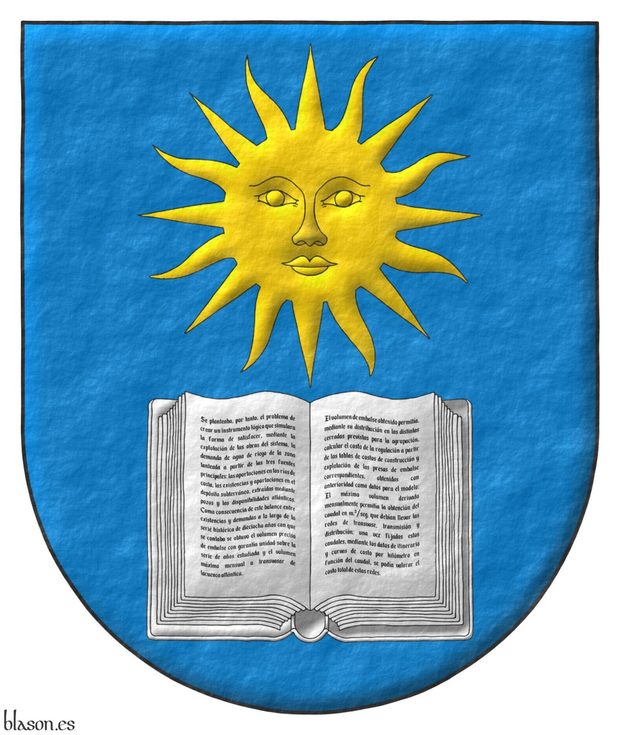 Escudo de azur, un libro abierto de plata surmontado de un sol de oro.