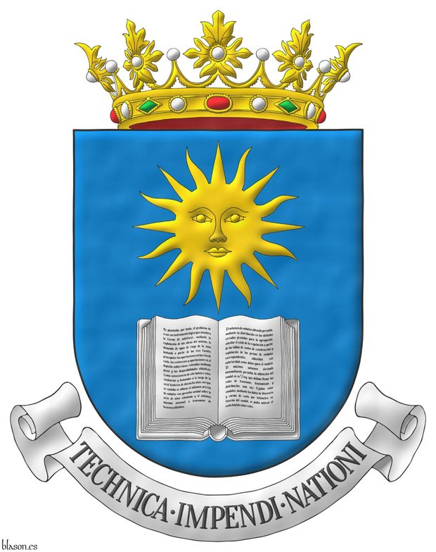 Escudo de azur, un libro abierto de plata surmontado de un sol de oro. Timbrado de una corona real abierta. Lema: Technica impendi nationi.