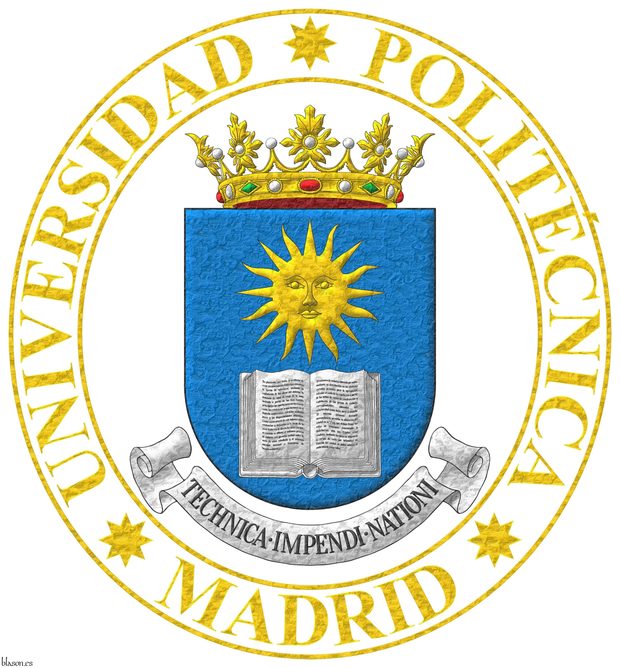 Escudo de azur, un libro abierto de plata surmontado de un sol de oro. Timbrado de una corona real abierta. Lema: Technica impendi nationi. Divisa alrededor del escudo: Universidad de Politcnica de Madrid perfilada y en letras de oro.