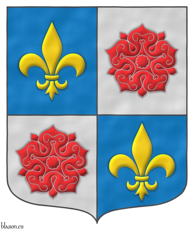 Escudo cuartelado: 1o y 4o de azur, una flor de lis de oro; 2o y 3o de plata, una rosa de gules.