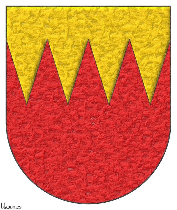 Escudo cortado de oro y de gules, encajado de tres piezas enteras y dos medias.