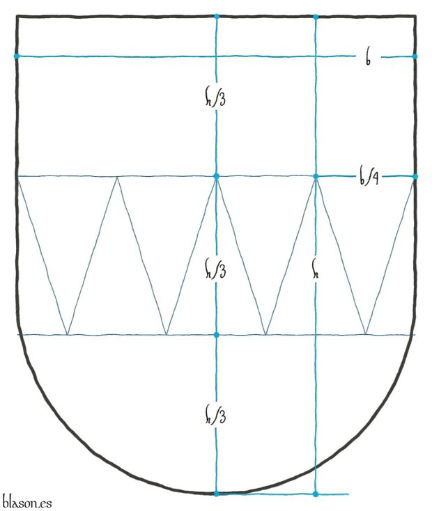 Escudo cortado, encajado de tres piezas enteras y dos medias.