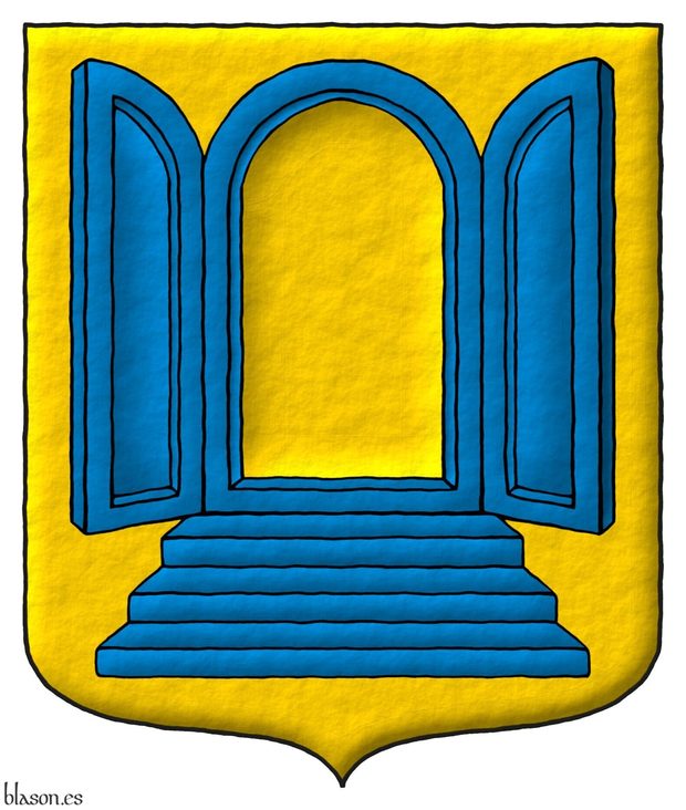 Or, a port Or, with jambs, enarched lintel, and two open leaves, upon a three-step stairway Azure.