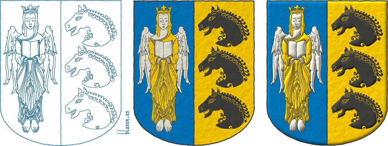 Party per pale: 1 Azure, an angel Argent, crowned, crined and vested Or holding an open book Argent; 2 Or, three horses' heads couped, in pale Sable.