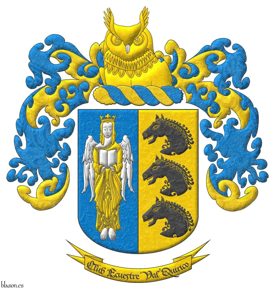 Party per pale: 1 Azure, an angel Argent, crowned, crined and vested Or holding an open book Argent; 2 Or, three horses' heads couped, in pale Sable. Crest: Upon a wreath Or and Azur, an owl's head couped at the shoulders Or, beaked Argent. Mantling: Azur doubled Or.. Motto «Club Ecuestre Val’Quirico».
