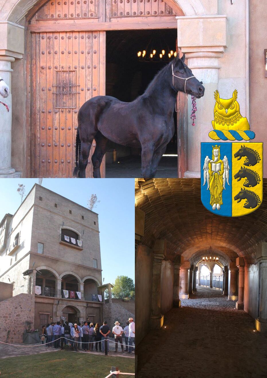 Escudo partido: 1o de azur, un ngel de plata, coronado, cabellado y vestido de oro cargado con un libro de plata abierto; 2o de oro, tres cabezas de caballo cortadas, en palo de sable. Timbrado de un burelete de oro y azur cimado de un bho naciente de oro, picado de plata.