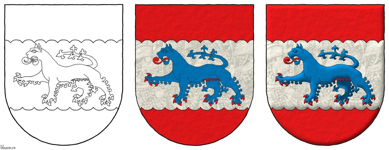 Gules, on a fess invected Argent, a lioness Azure, armed, langued and the udders Gules.