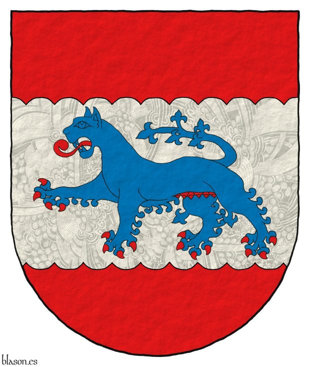 Gules, on a fess invected Argent, a lioness Azure, armed, langued and the udders Gules.