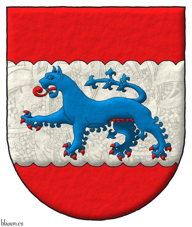 Escudo de gules, una faja acanalada de plata, cargada de una leona de azur, armada, lampasada y ubres de gules.