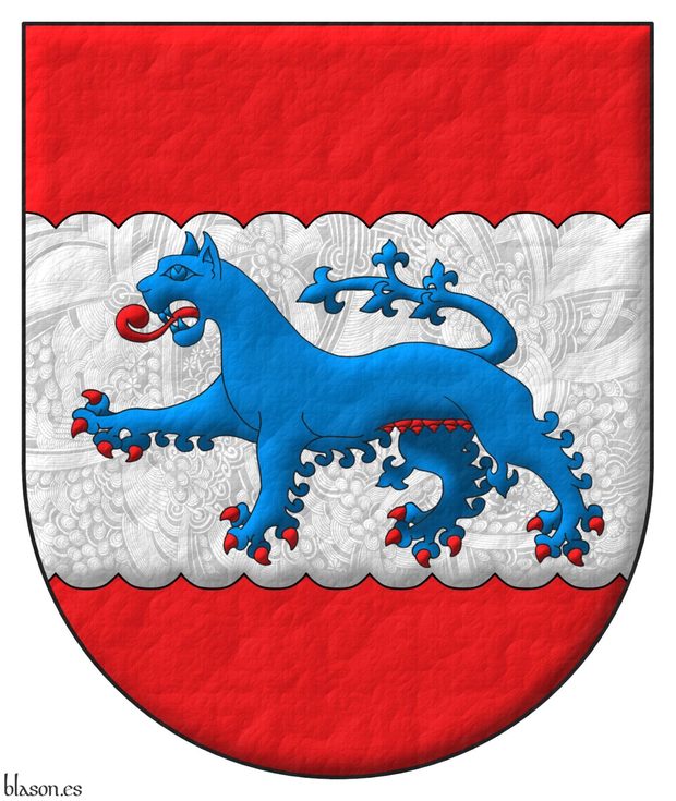 Gules, on a fess invected Argent, a lioness Azure, armed, langued and the udders Gules.