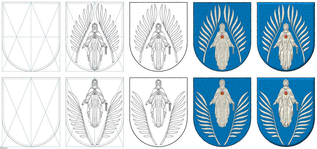Escudo de azur, una Virgen de la Merced teniendo en su mano siniestra una cadena rota de plata, y cargada en su pecho de un escudete cortado, 1o de gules, una cruz patada de plata y 2o de oro, cuatro palos de gules, acostada de dos hojas palmas en pira.