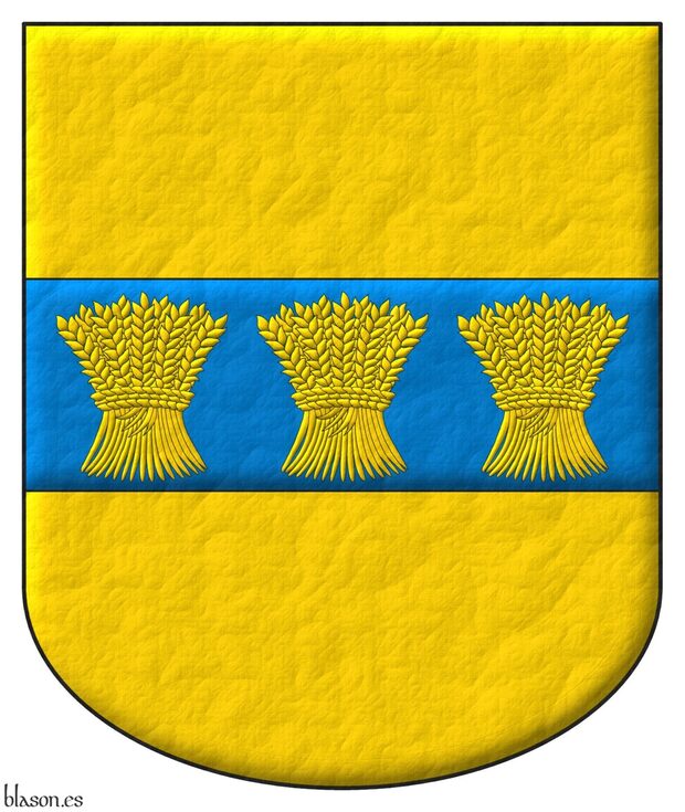 Escudo de oro, una faja de azur, cargada de tres gavillas de trigo de oro.