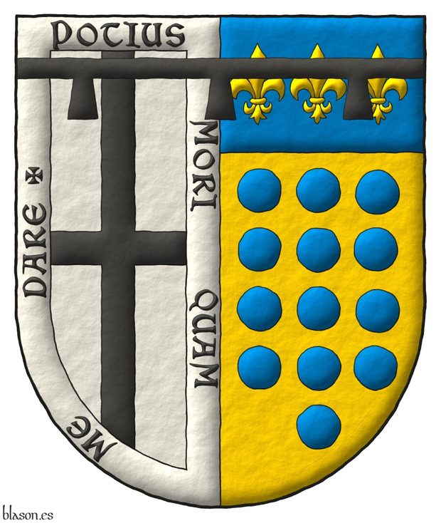 Escudo partido: 1o de plata, una cruz de sable, y una bordura de plata con el lema Potius mori quam me dare; 2o de oro, trece roeles de azur, en tres palos de 4, 5 y 4, y el jefe de azur con tres flores de lis de oro. Brochante sobre el todo, un lambel de azur con tres pendientes, por brisura.