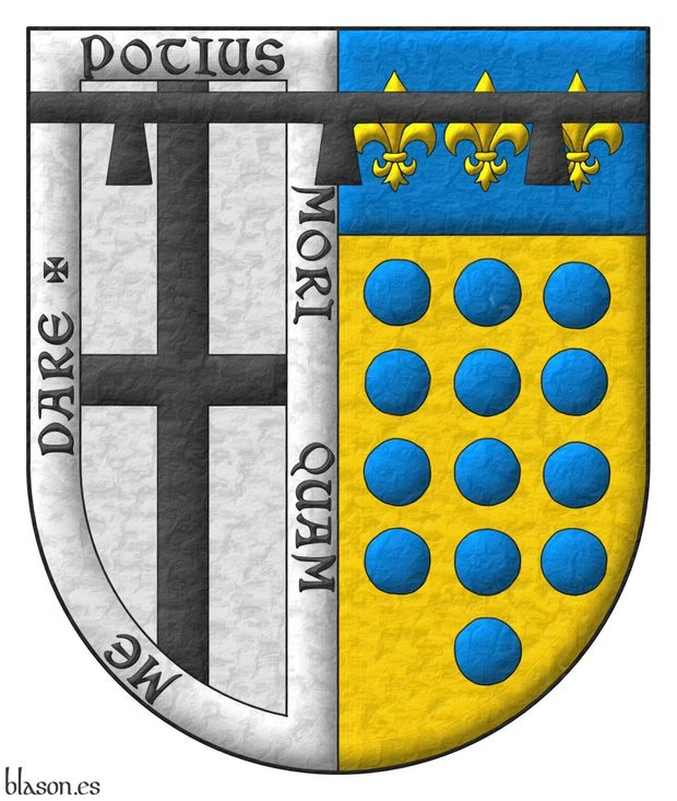 Escudo partido: 1o de plata, una cruz de sable, y una bordura de plata con el lema Potius mori quam me dare; 2o de oro, trece roeles de azur, en tres palos de 4, 5 y 4, y el jefe de azur con tres flores de lis de oro. Brochante sobre el todo, un lambel de azur con tres pendientes, por brisura.