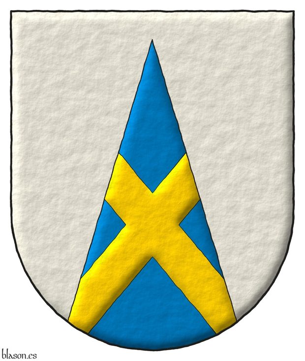 Argent, on a pile issuant from the base Azure a saltire Or.