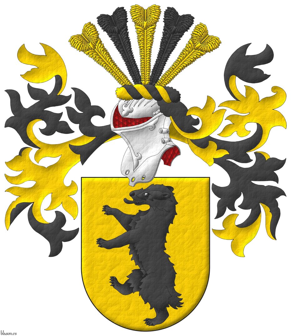 Or, a badger rampant Sable. Crest: Upon a helm with a wreath Or and Sable, five ostrich feathers alternately Or and Sable. Mantling: Sable doubled Or.