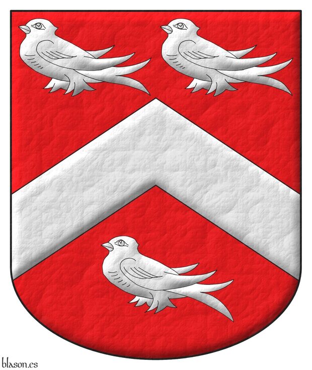 Escudo de gules, un cabrio de plata, acompaado de tres marletas de plata, 2 y 1.