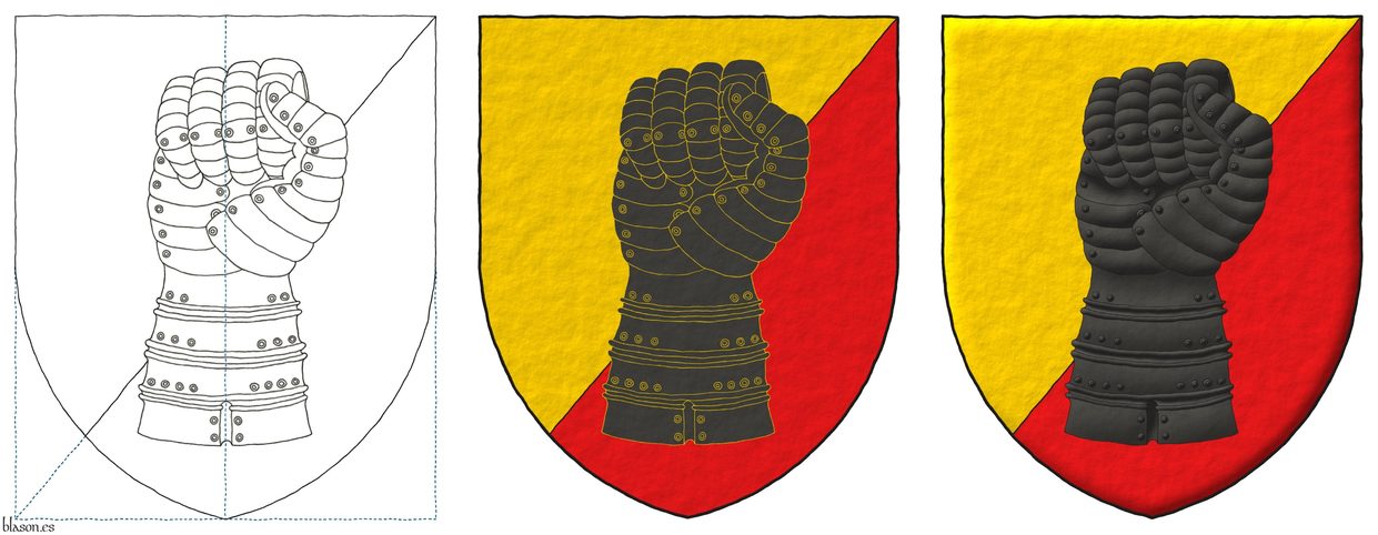 Party per bend sinister Or and Gules, a clenched gauntlet Sable.