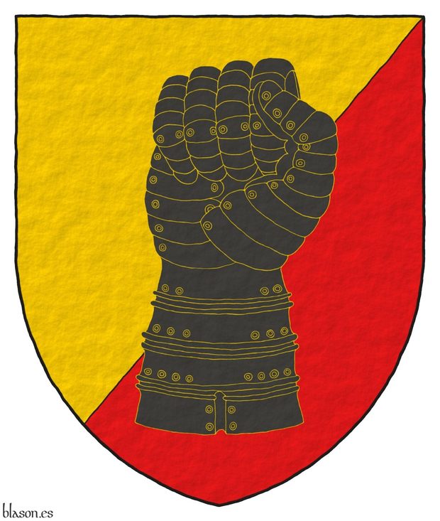 Party per bend sinister Or and Gules, a clenched gauntlet Sable.